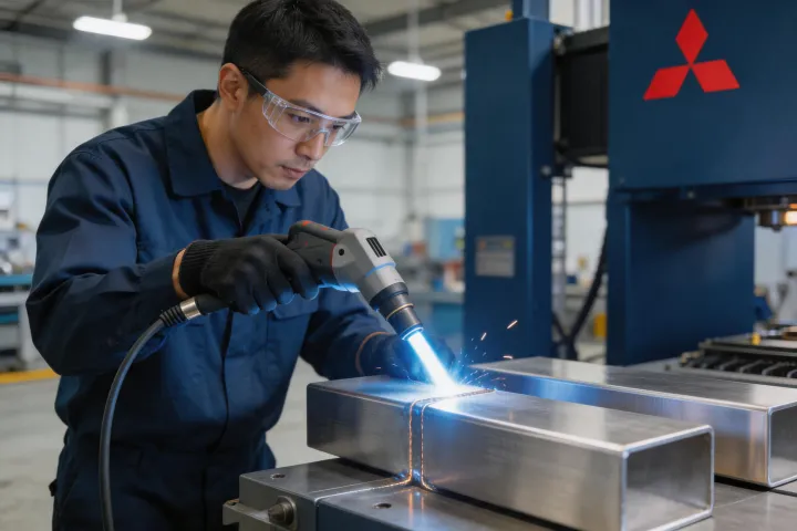 Mitsubishi Electric handheld fiber laser welder in precision fabrication cell